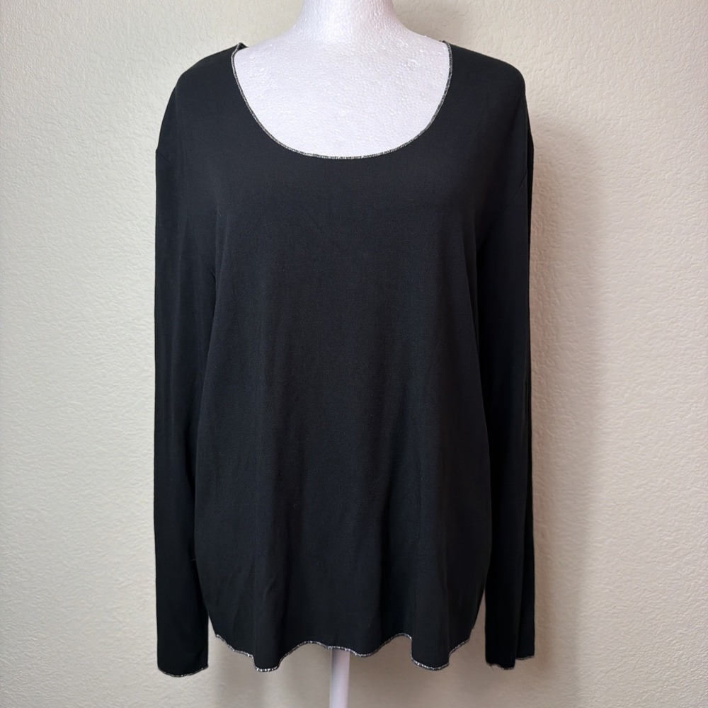 Chicos Platinum Womens 2 Silver Sparkle Trim Black Long Sleeve Scoop Neck Top L